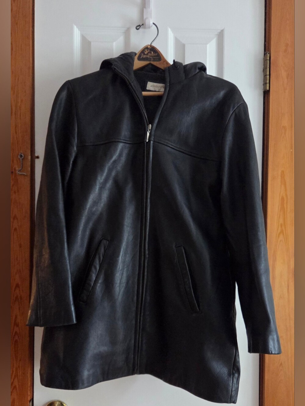 RARE Jones New York Black Leather Hooded Zip Coat